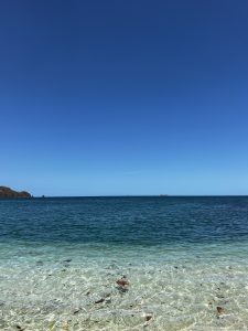 
A serene beach scene featuring clear, shallow water with a gentle gradient from light blue to deep blue