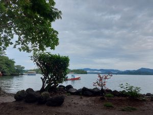 Foto naturaleza y lancha


A serene lakeside view featuring lush green trees and tropical foliage in the foreground. A small boat can be seen on the calm water, with distant mountains in the background under a partly cloudy sky. 