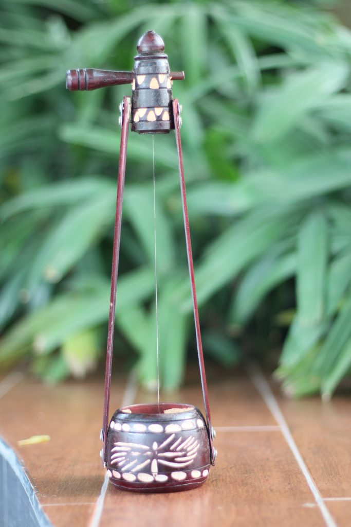 A traditional string instrument with a wooden body, a single string, and decorative carvings, placed on a tiled surface with green foliage in the background.