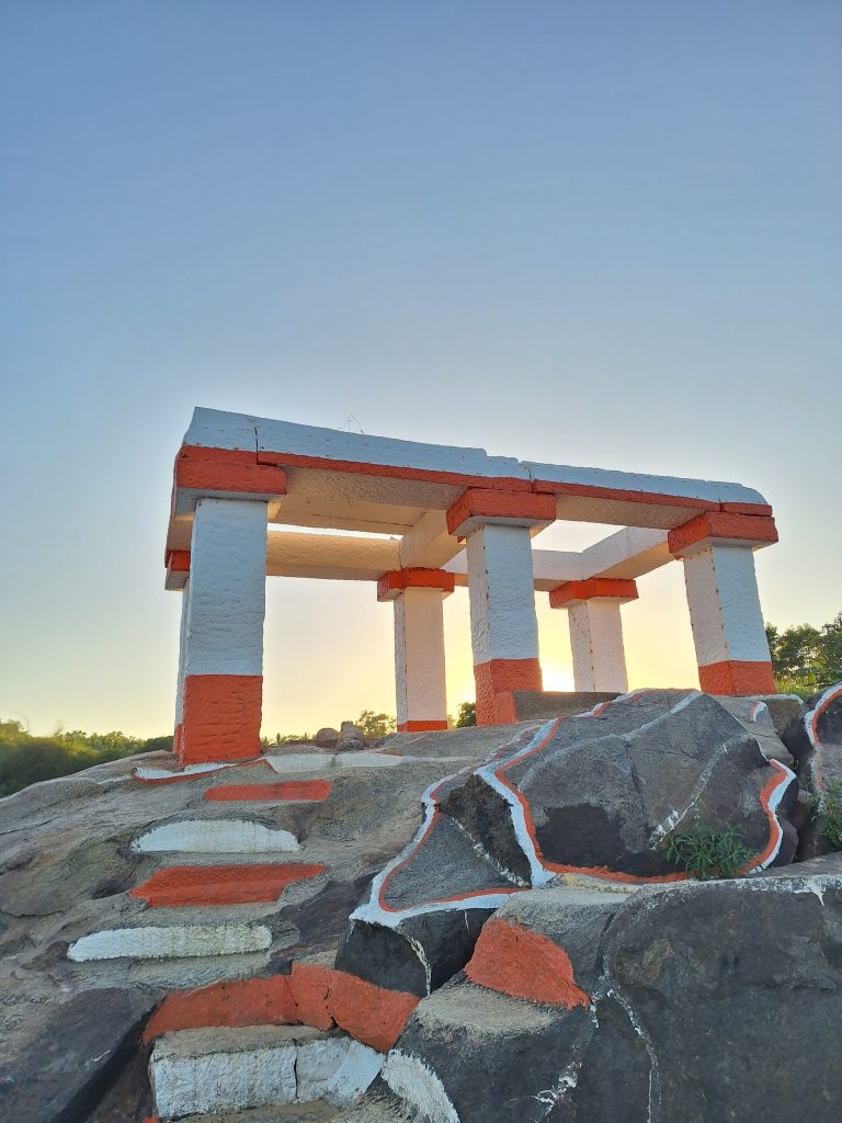 The structure is Rama Mantapa, a stone pavilion near the Tunga River in Thirthahalli, Karnataka.