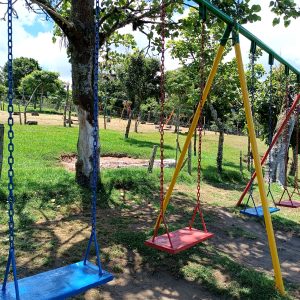 
A playground scene featuring colorful swings in blue, red, and yellow, hanging from a metal frame.