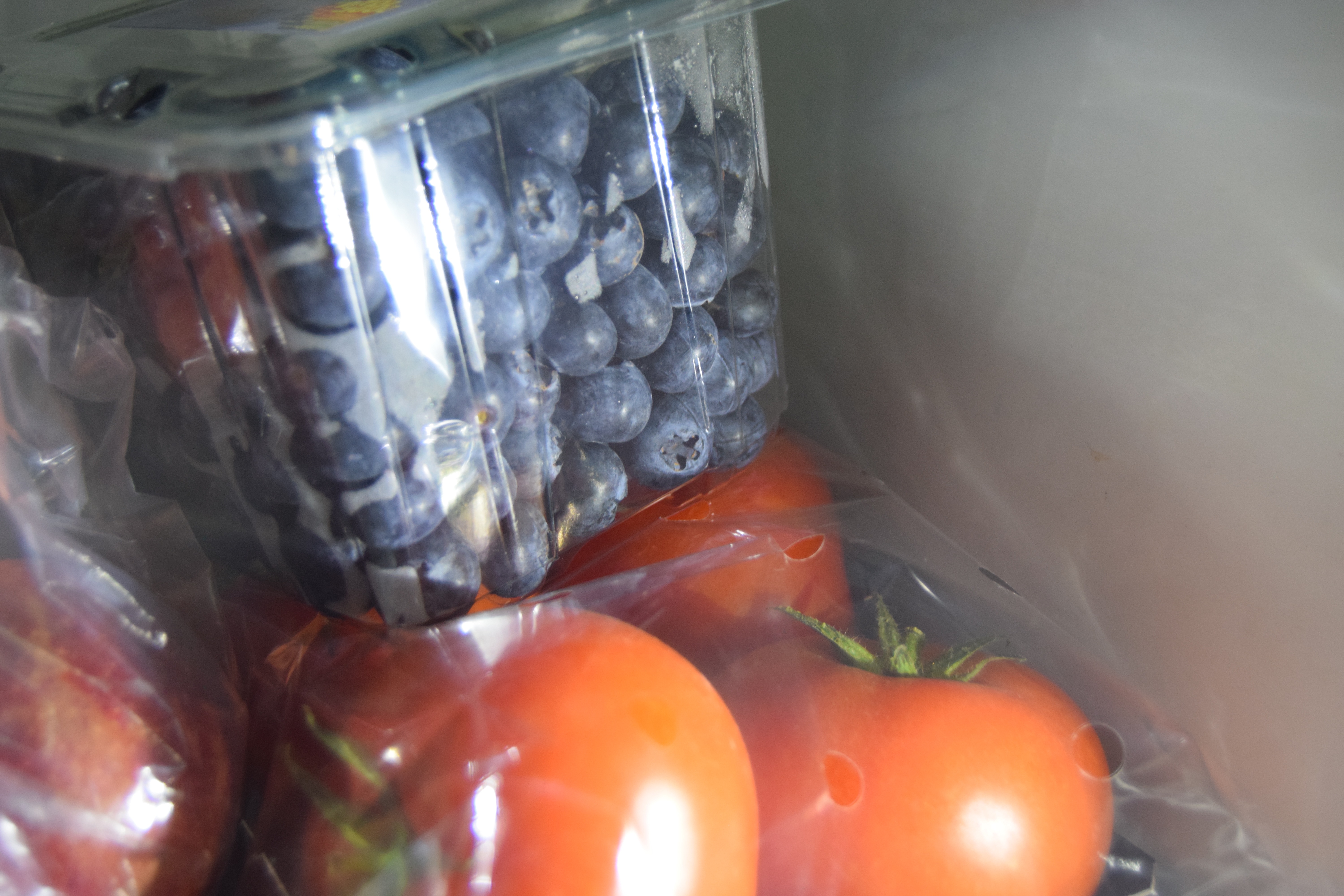 Fresh blueberries in a plastic container stacked on top of tomatoes in a refrigerator.