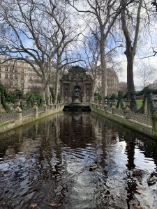 Medici Fountain in Luxembourg Gardens, Paris, with leaves and ducks swimming.