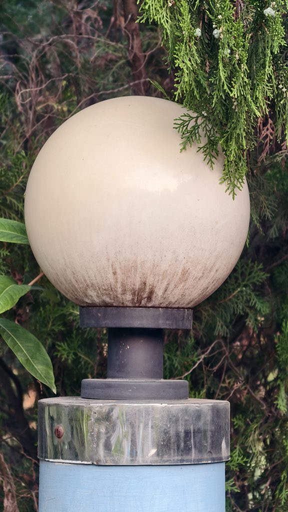 A large cream-colored globe outdoor light fixture on a dark metal base mounted on a textured concrete pillar, with evergreen branches and small cones hanging over it.