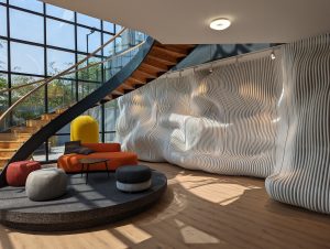 Modern lounge with a curved wooden staircase, textured wavy wall, and bright furniture on a circular rug. Sunlight streams through large windows.