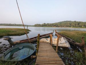 A tranquil scene of a river surrounded by greenery, featuring several boats docked at a wooden pier. One boat is shaped like a mythical creature's head, while another is a simple circular shape.