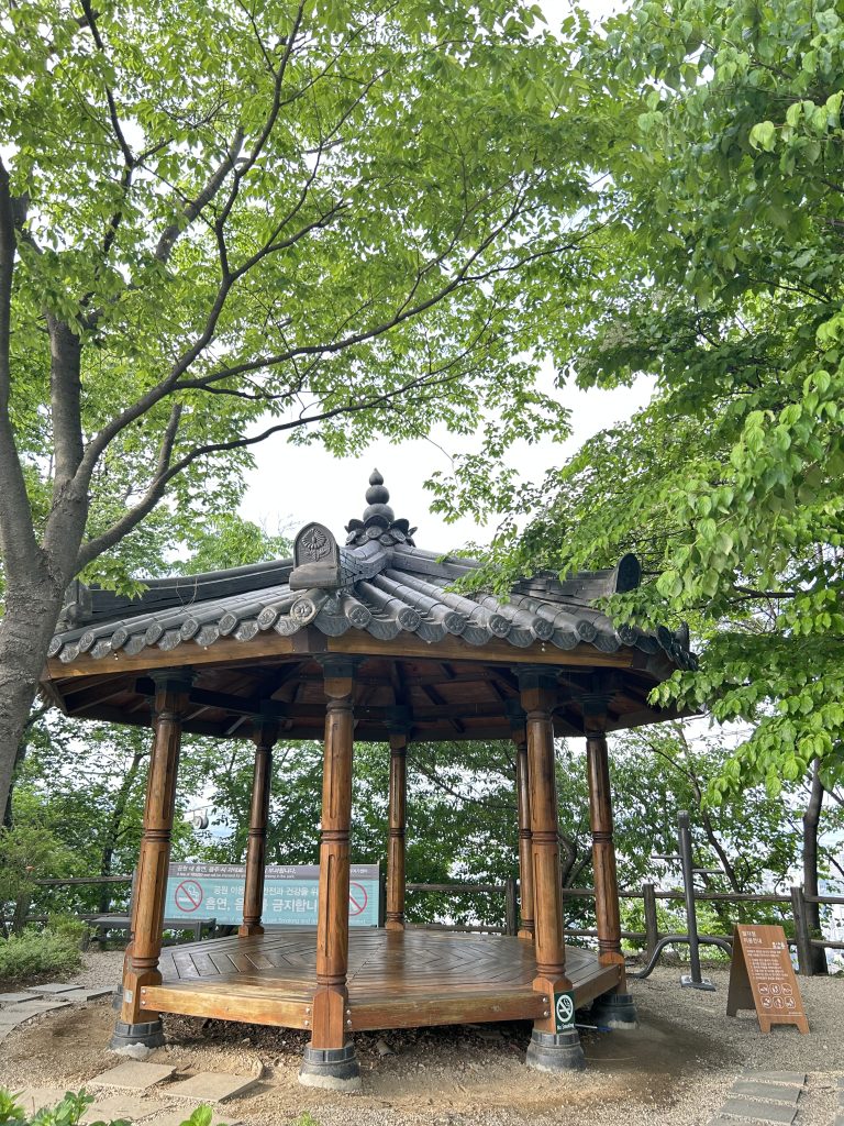 A traditional wooden gazebo with a decorative roof nestled among lush green trees.