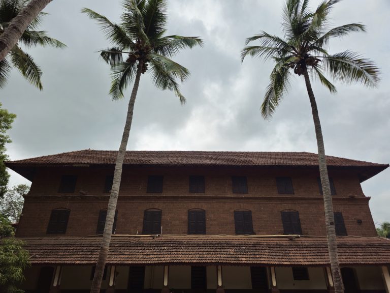 A majestic traditional Kerala-style building stands tall between swaying coconut trees under dramatic clouds. The architecture and framing create a timeless heritage feel. Captured at Varikkasseri Mana, Vaniyamkulam, Palakkad.