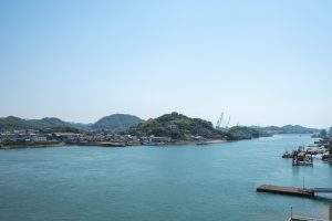 A rural port town scene at the Seto Inland Sea in Onomichi.

