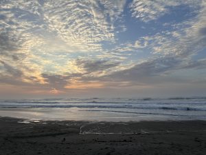 

A serene Toyomi Coast scene at sunset, featuring gentle waves lapping at the shore.