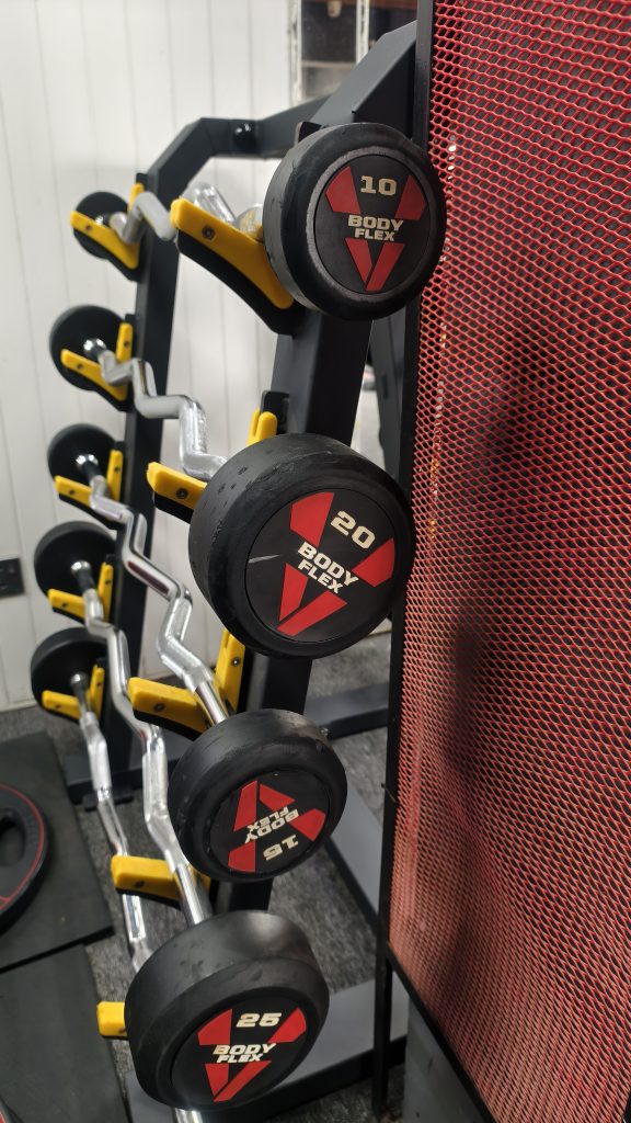 A black weight rack holds several silver curl bars with black and red weight plates. Each plate is labeled with a number. A red mesh screen stands next to the rack in a gym setting.