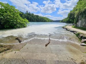 A calm shore area along the Rhine River, with flowing water, trees, and soft clouds, creates a peaceful outdoor scene. The wide view and natural colors beautifully capture the atmosphere near the Rhine Falls, Switzerland.