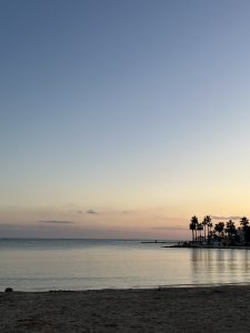 Calm beach at sunset with a clear sky transitioning from light orange near the horizon to blue.
