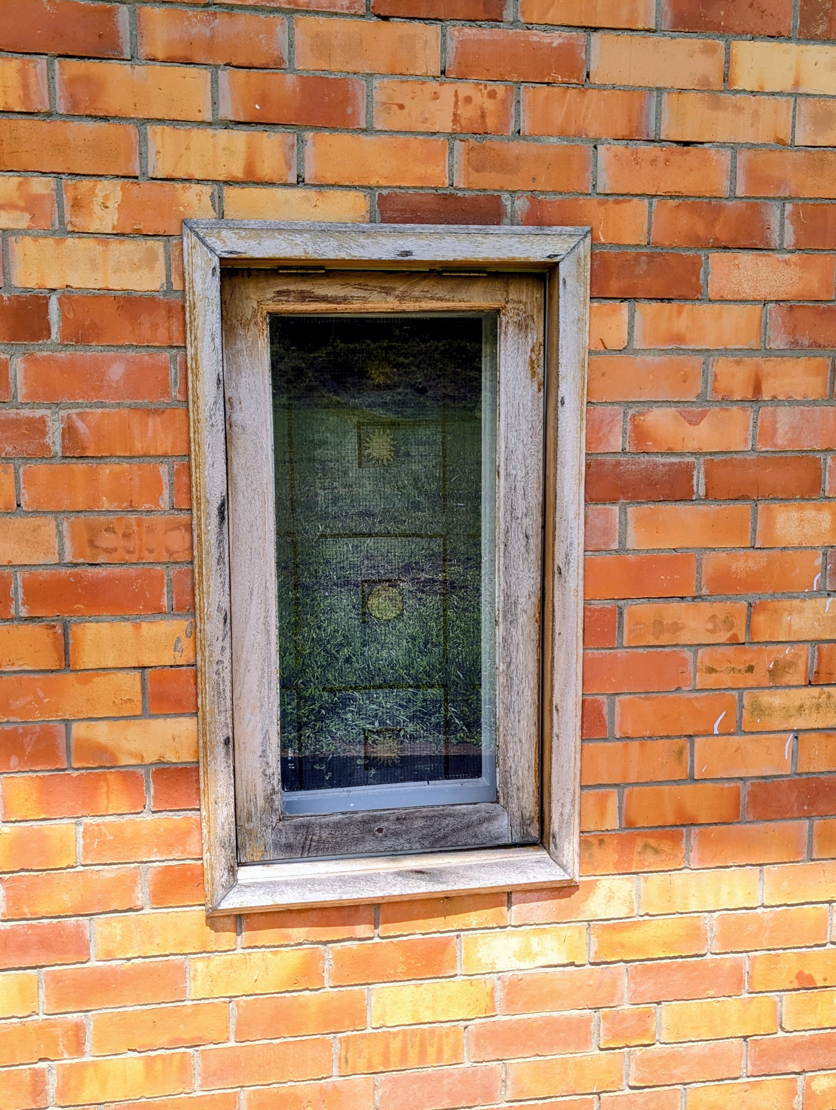 A small, rustic window with wooden frame set in a textured red brick wall.
