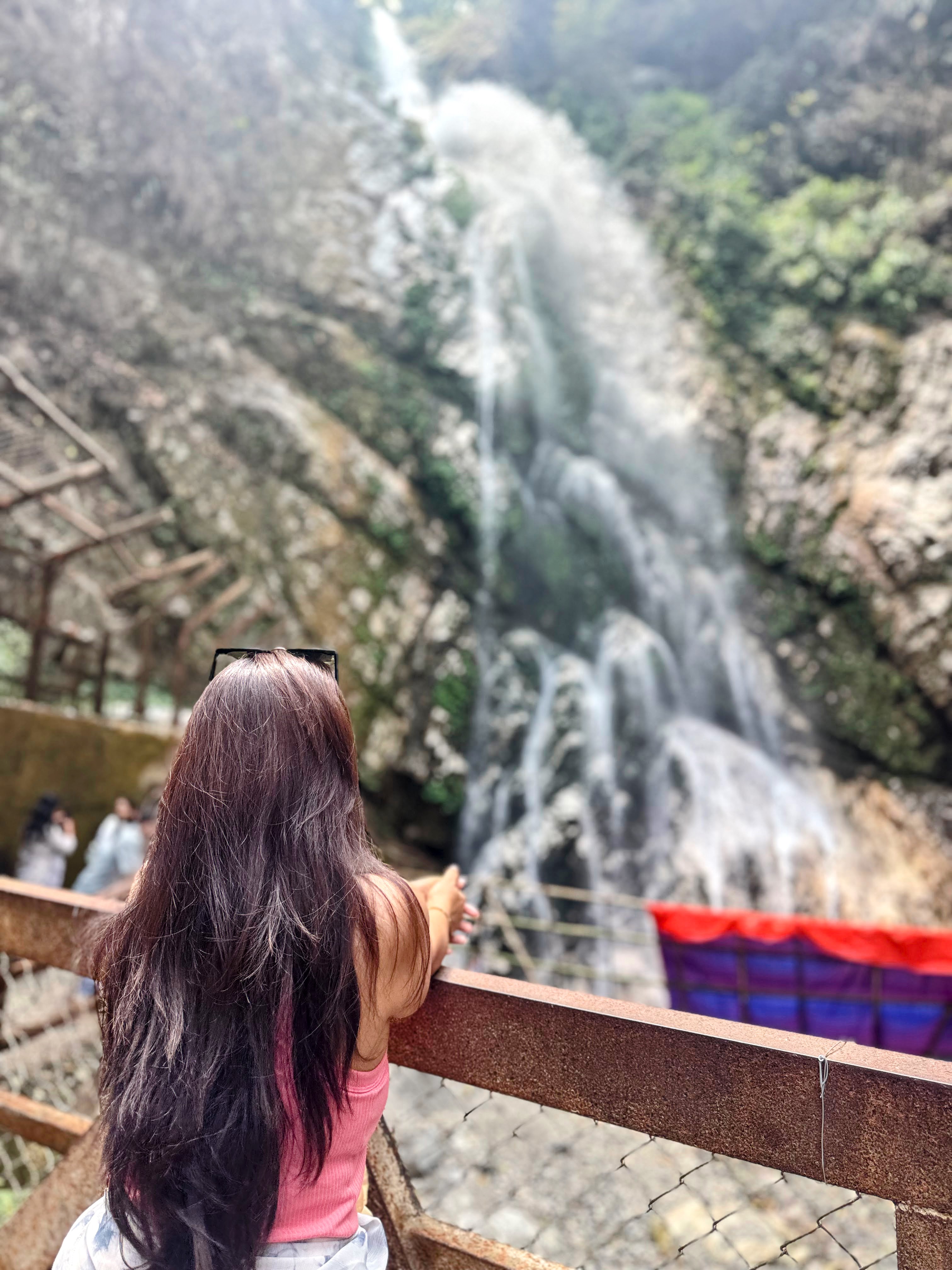 Back view of a person with long reddish-brown hair leaning against a rustic metal railing, looking towards a large, cascading waterfall in the background.