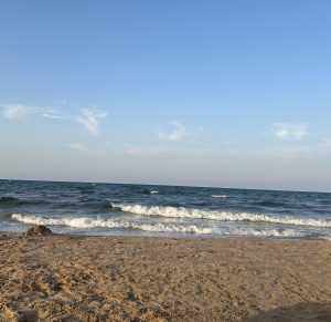 A serene beach scene with golden sand in the foreground and gentle blue ocean waves rolling ashore, with small boats visible in the distance.