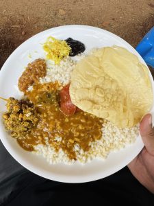 A white plate holds a variety of food items, including rice, yellow garnishing, a black sauce, and two dollops of a brown lentil-based dish.