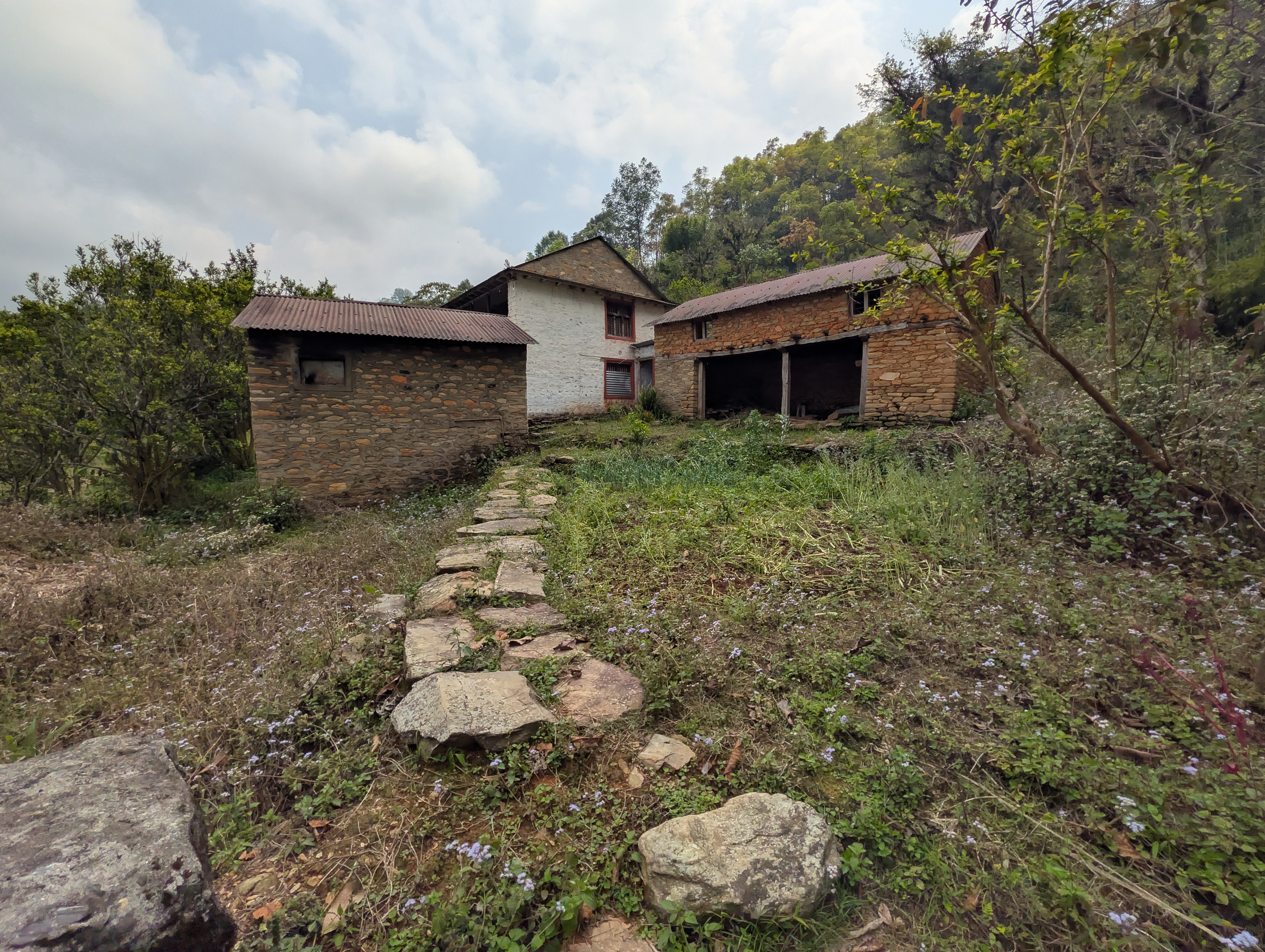 A rustic stone path leads to an old brick and stone farmhouse surrounded by lush greenery and trees under a cloudy sky,