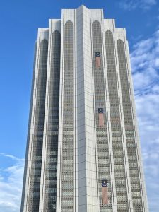 The Dayabumi Complex, a 35 story landmark in Kuala Lumpur, Malaysia. It features a unique modern Islamic architecture with white latticework and eight-pointed stars.