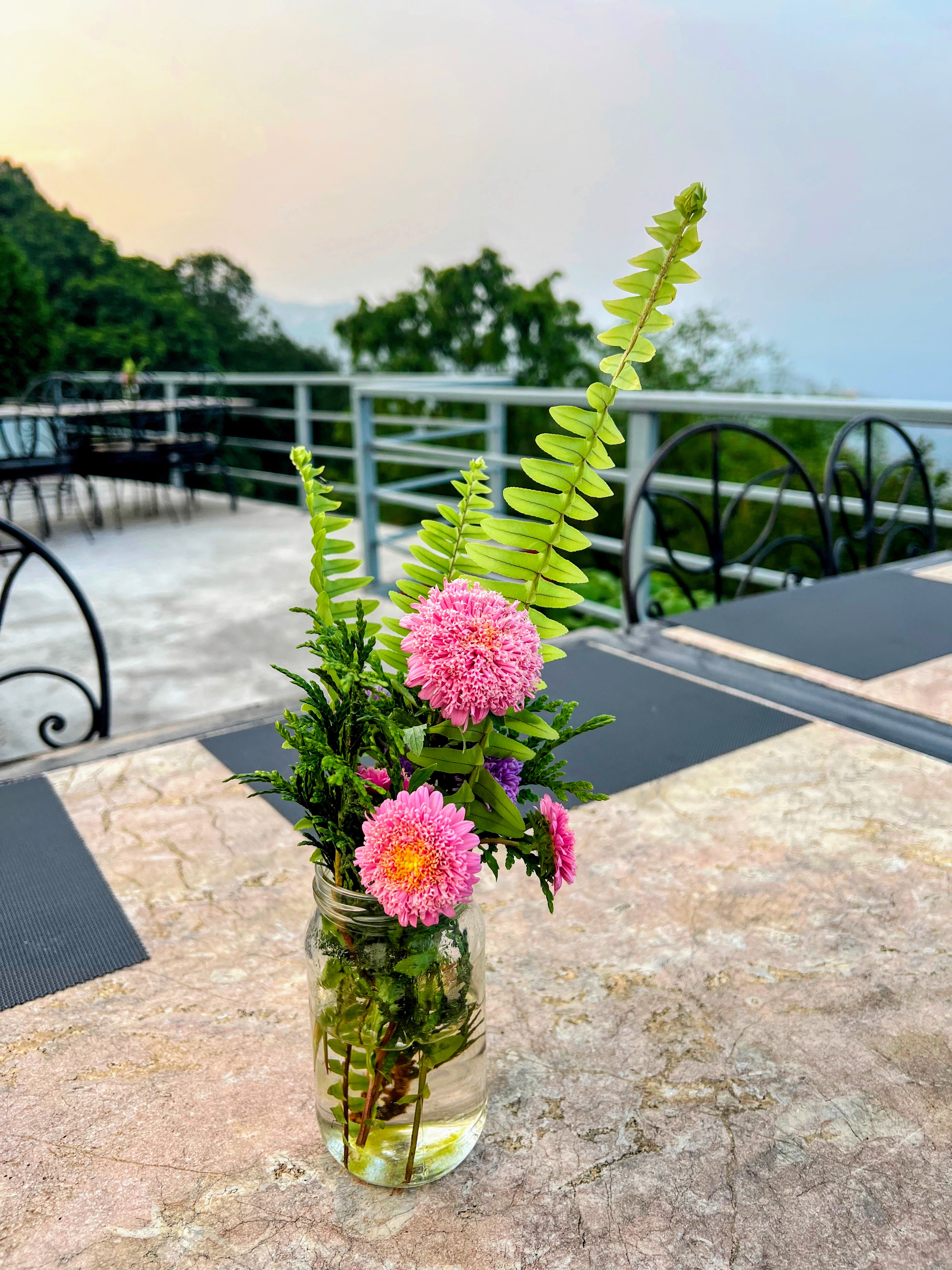 A small glass jar vase containing pink flowers and green ferns, sitting on an outdoor table with a scenic, blurry mountain landscape in the background.