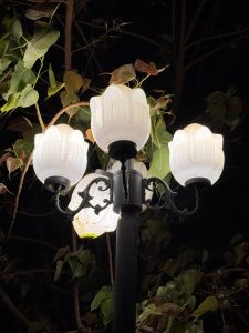 A three-fixture street lamp designed like blooming flowers emits a soft glow against a dark backdrop of green and brown foliage at night.