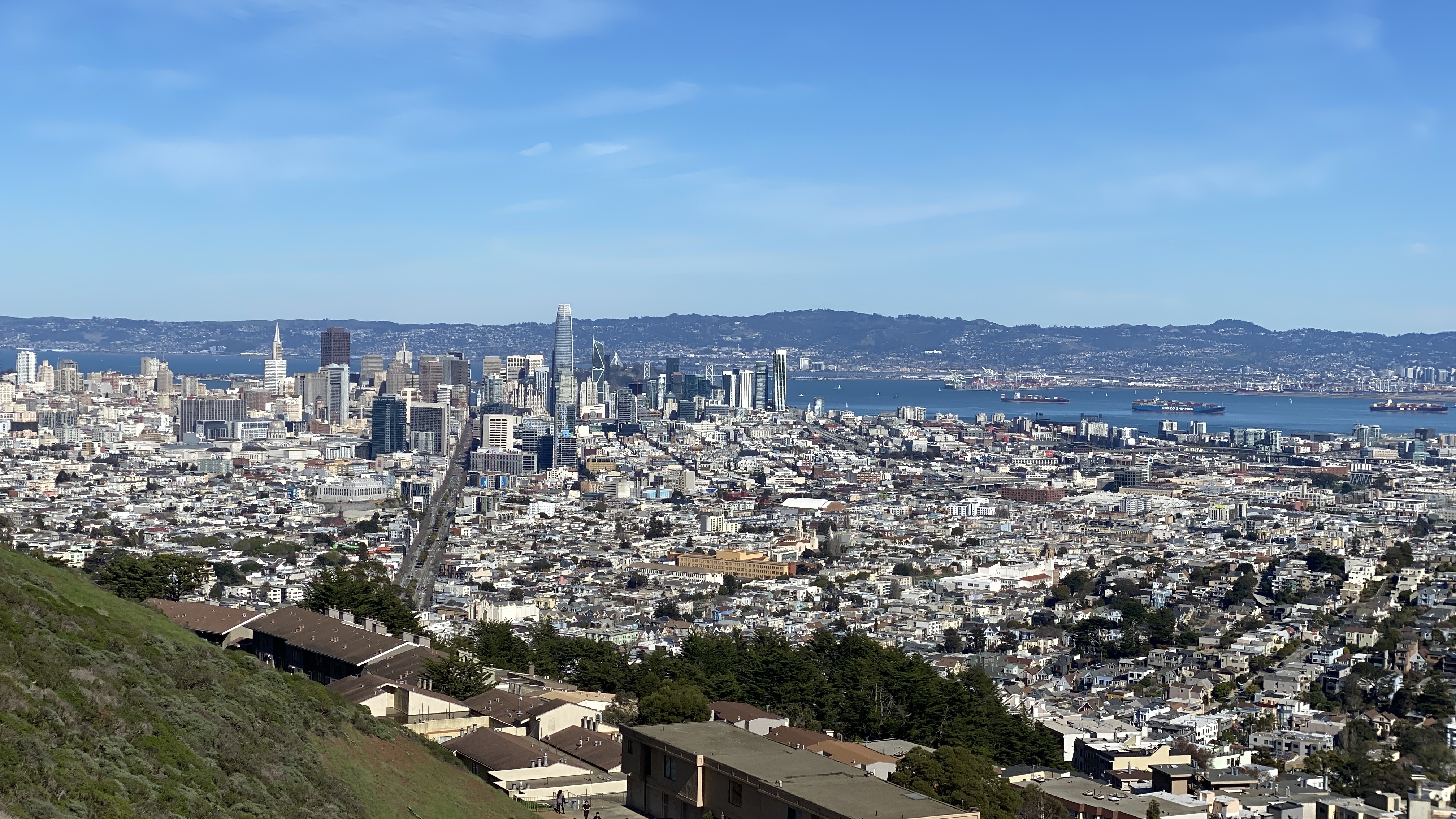High-angle landscape photograph showcasing Market Street cutting through the San Francisco urban layout, extending towards downtown skyscrapers and the bay.