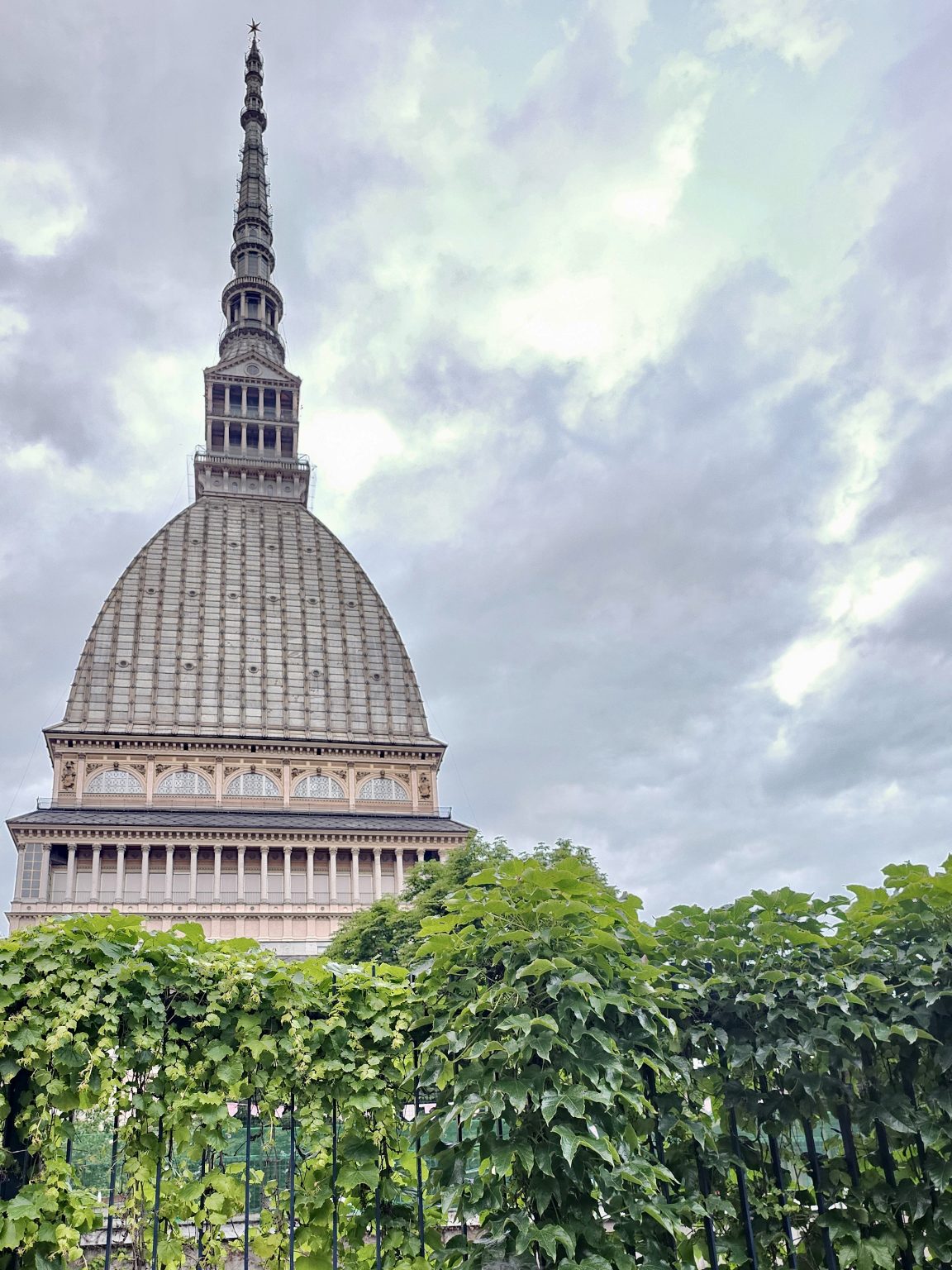 The famous Mole Antonelliana rises high into the cloudy sky, surrounded by green plants below. A striking landmark view captured in Turin (Torino), Italy.