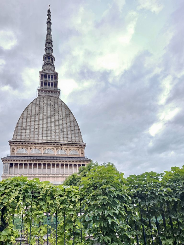 The famous Mole Antonelliana rises high into the cloudy sky, surrounded by green plants below. A striking landmark view captured in Turin (Torino), Italy.