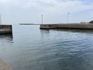 A calm body of water with a concrete pier extending into the distance at Inage Seaside Park