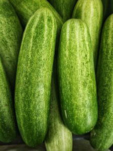 A close-up photo of several fresh cucumbers, characterized by their smooth, dark green skin and elongated shapes, arranged closely together.