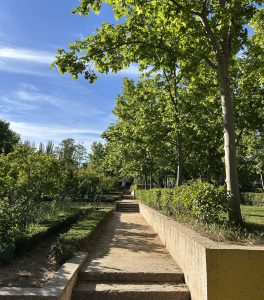 A stone pathway and wide steps wind through a lush garden with neatly trimmed hedges and green trees under a bright blue sky.