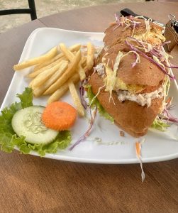 A hearty toasted sandwich loaded with creamy filling, fresh greens and crispy goodness, paired with golden fries and a fresh salad garnish. 
