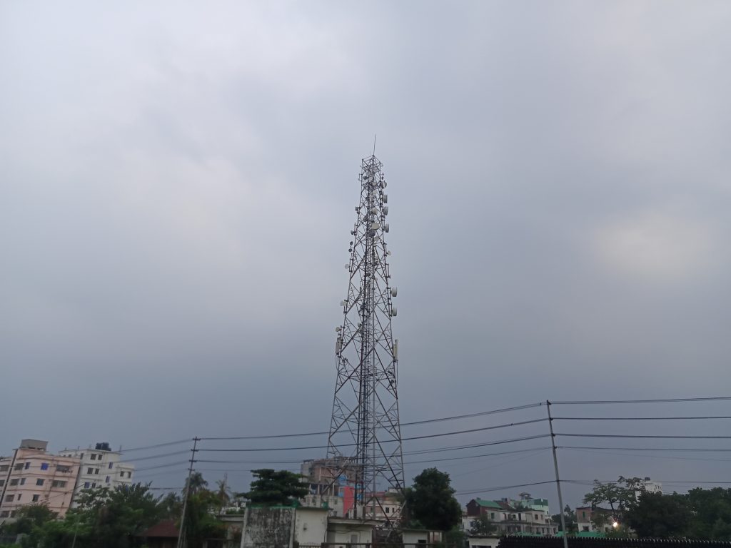 A telecommunication tower near Cumilla Railway Station, Bangladesh.