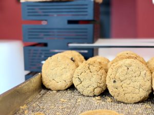 Close-up of a tray with freshly baked cookies, golden-brown with a crumbly texture