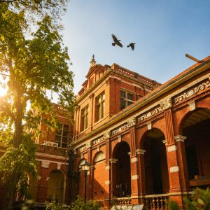 A vibrant close-up photograph of the ornate, red brick Indo-Saracenic details of the Government Museum in Chennai. 