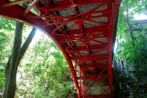 I looked up at the bridge spanning the ravine and noticed that its underside was red.
