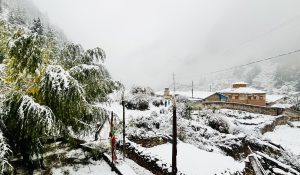 A mountain village with stone houses and snow‑covered roofs sits among terraced hills and trees blanketed in fresh snow, with mist obscuring the higher peaks. A few people walk along a snowy path.