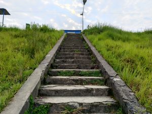 A long mossy concrete stairway cutting through tall green grass, leading up a hillside toward a small blue building under a cloudy sky.