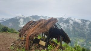 A weathered thatched-roof hut stands amid lush greenery and rocky terrain, overlooking rolling hills and farmland. Surrounded by scattered stones and plants, the rustic structure contrasts beautifully with cloud-covered mountains in the background, creating a peaceful rural landscape.