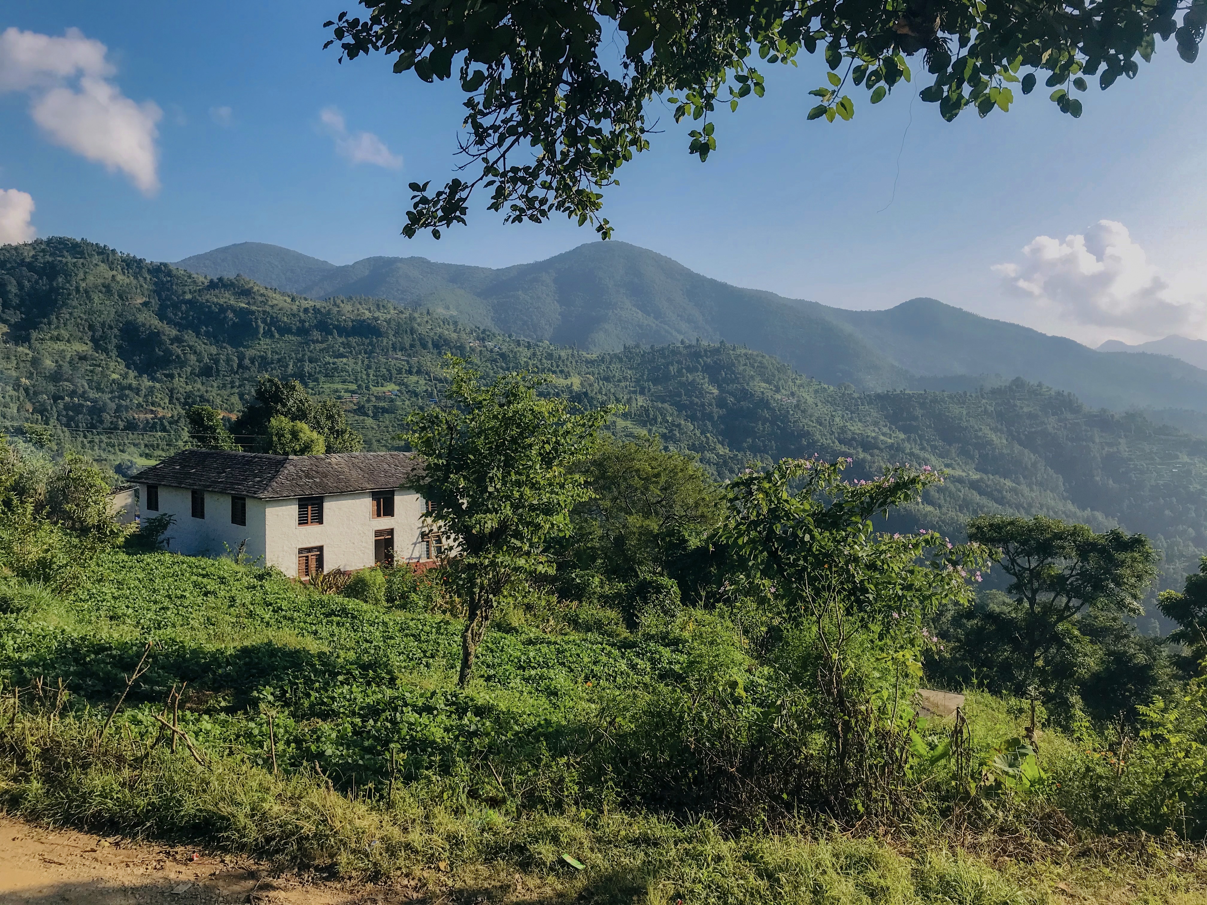 A serene landscape with a white house surrounded by lush greenery. Rolling hills rise in the background under a bright blue sky with scattered clouds.
