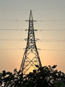 A tall electricity pylon stands silhouetted against an orange sunset sky, with power lines extending horizontally. Dark foliage borders the bottom. 
