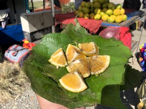 Several slices of orange sprinkled with spices rest on large green leaves held in a hand, with a pile of whole oranges on a red‑covered stall in the background. The picture highlights a rustic and traditional way of serving fruit, showcasing local food culture and presentation. 