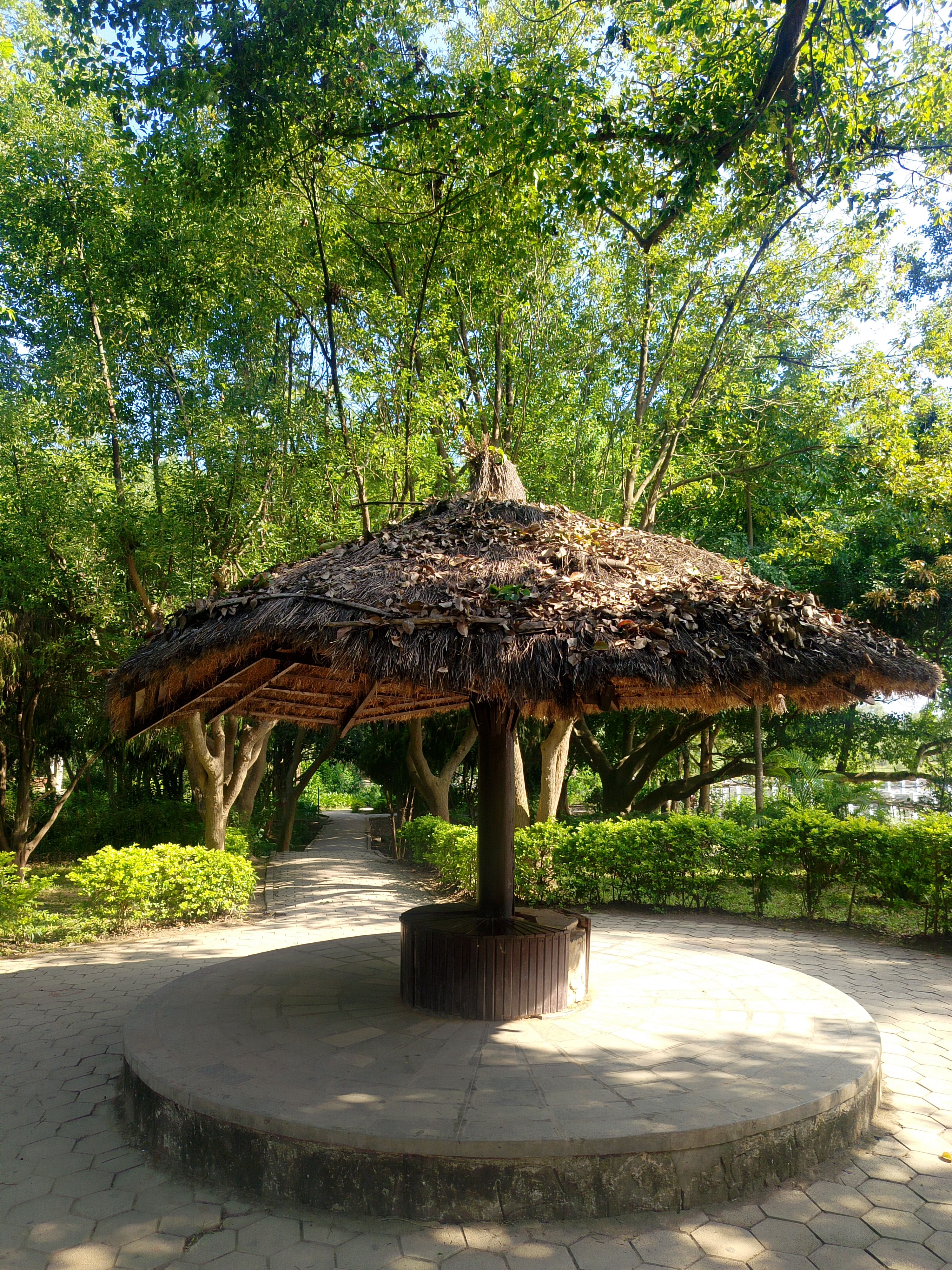 Thatched circular gazebo surrounded by lush trees along a garden pathway