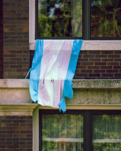 A tattered transgender pride flag hangs from a window ledge on a brick building. #shareyourpride2026
