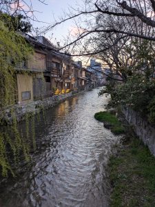 Peaceful evening view of the Shirakawa Canal in Kyoto’s historic Gion district, with traditional wooden machiya houses lining the waterfront. Willow branches, stone embankments, and softly illuminated streets create a serene atmosphere in Japan’s famous geisha quarter.