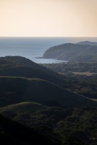 A high view of green coastal hills leading down to a quiet bay and open ocean. Soft sunlight and haze create layered shadows across the valleys, with forested slopes and distant shoreline visible in the background.