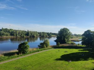 A wide view of the Lesum River in Bremen, bordered by green meadows, trees and reeds. People relax on the grass while wind turbines and a blue sky stretch across the background.
