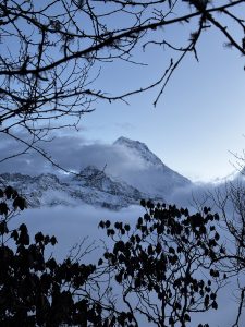 Snow capped mountain peak framed by silhouetted tree branches and misty clouds, creating a serene and majestic winter landscape.