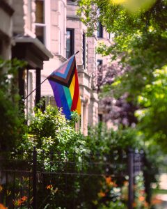A progress pride flag hangs in front of stone multistory buildings on a street with trees and flowers 
