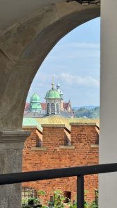 Historic buildings with ornate domes and crosses frame a bright sky, seen through a stone archway. A brick wall with patches of greenery fills the foreground, while distinctive rooftops and rounded green peaks complete the scene of architectural heritage.